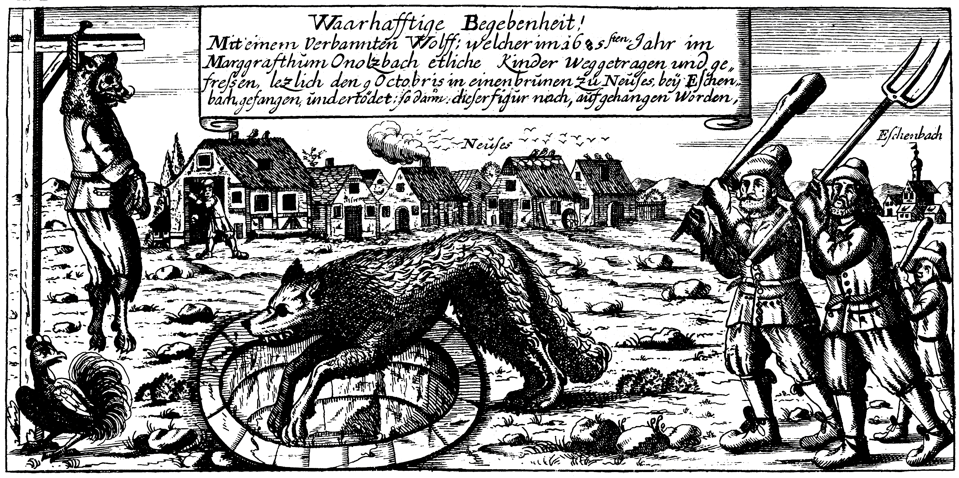 Der Werwolf von Ansbach wird bei Neuses in eine Grube getrieben. Daneben sein Leichnam am Galgen.